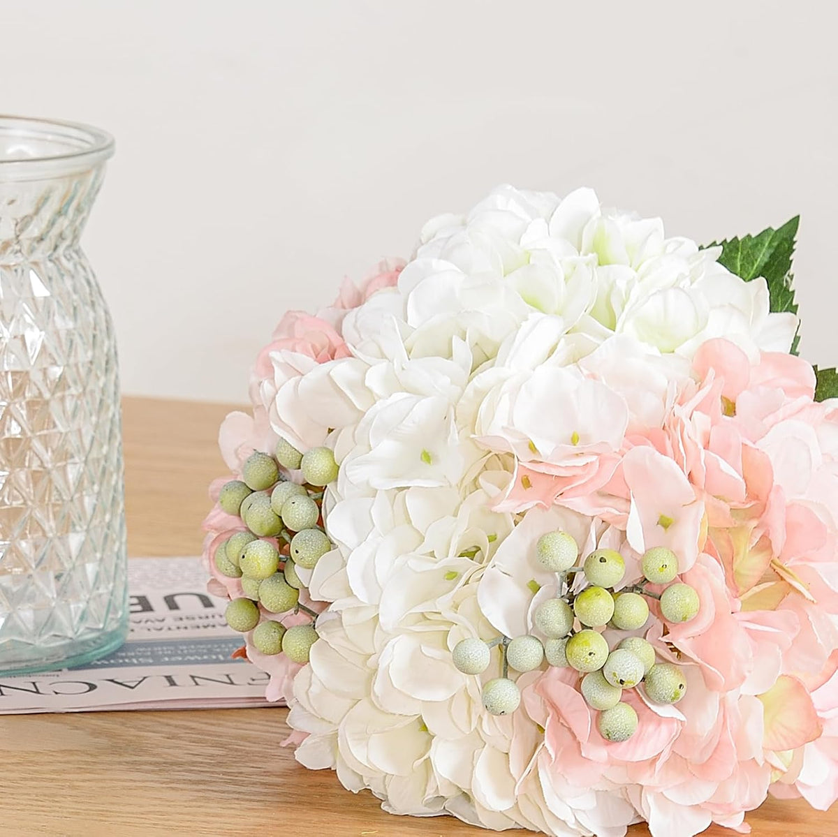 Hydrangeas Floral Arrangement in Glass Vase; Fake Flowers Blue