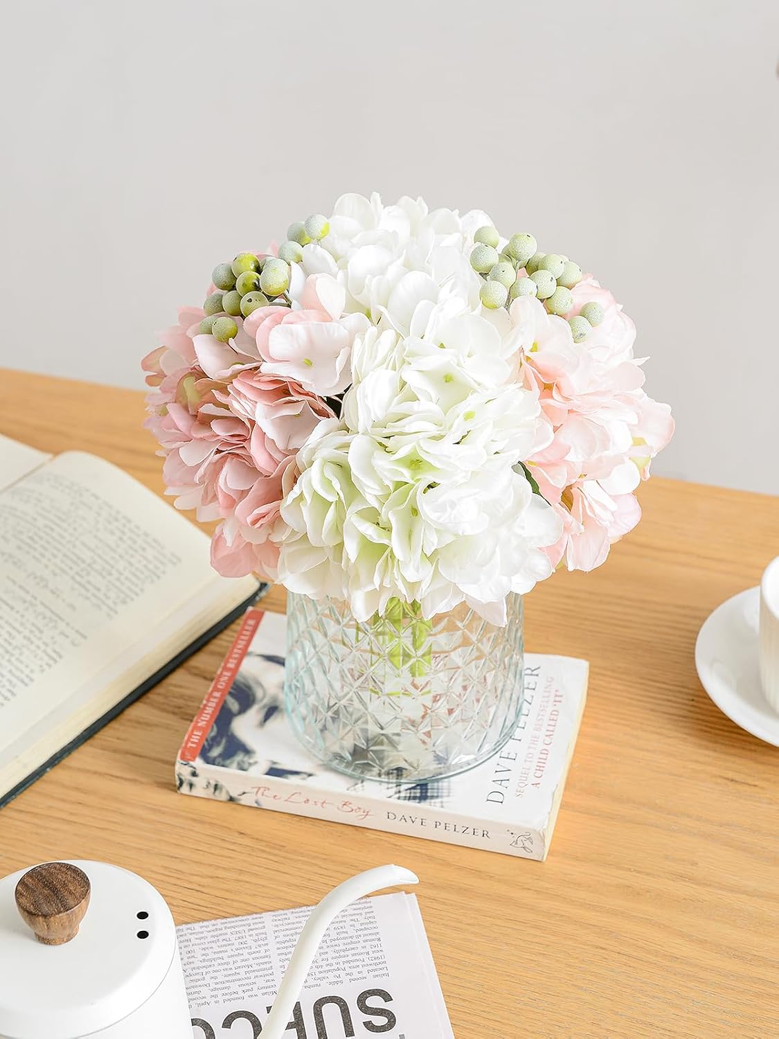 Hydrangeas Floral Arrangement in Glass Vase; Fake Flowers Blue