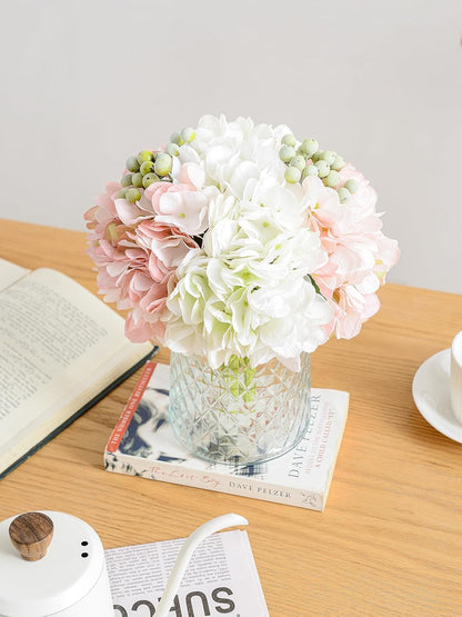 Hydrangeas Floral Arrangement in Glass Vase; Fake Flowers Blue