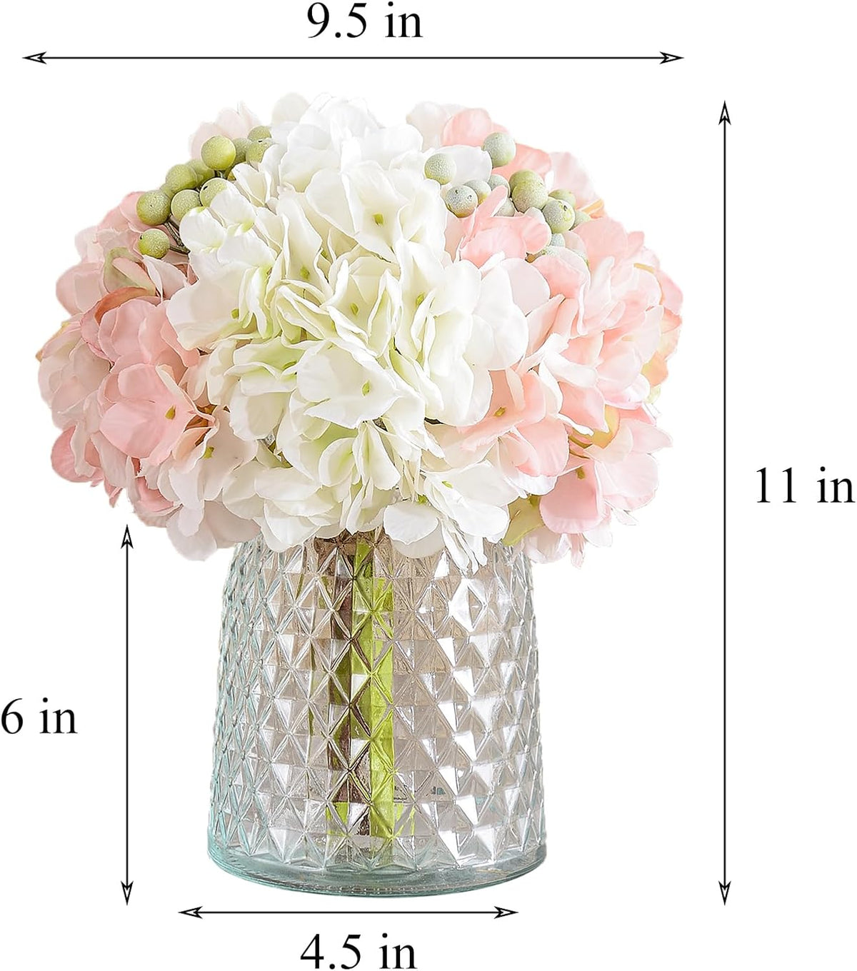 Hydrangeas Floral Arrangement in Glass Vase; Fake Flowers Blue