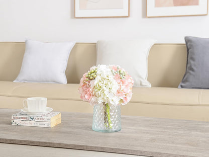 Hydrangeas Floral Arrangement in Glass Vase; Fake Flowers Blue