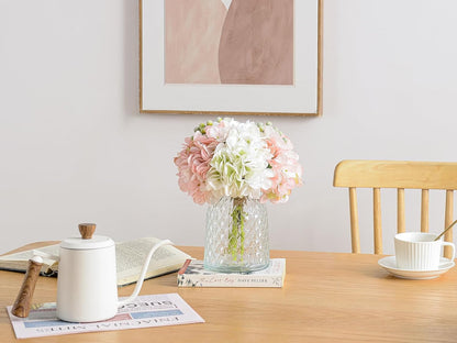 Hydrangeas Floral Arrangement in Glass Vase; Fake Flowers Blue