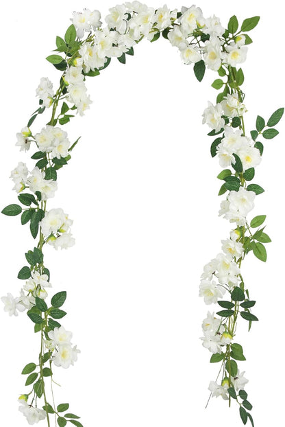 2 Pcs Artificial Flowers Garland for Outdoors White Faux Gardenia Garland 12Ft Silk Rose Hanging Vines Floral for Wedding Arch Party Wall Garden Ceremony Backdrop Fence Spring Decor