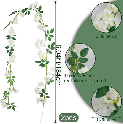 2 Pcs Artificial Flowers Garland for Outdoors White Faux Gardenia Garland 12Ft Silk Rose Hanging Vines Floral for Wedding Arch Party Wall Garden Ceremony Backdrop Fence Spring Decor