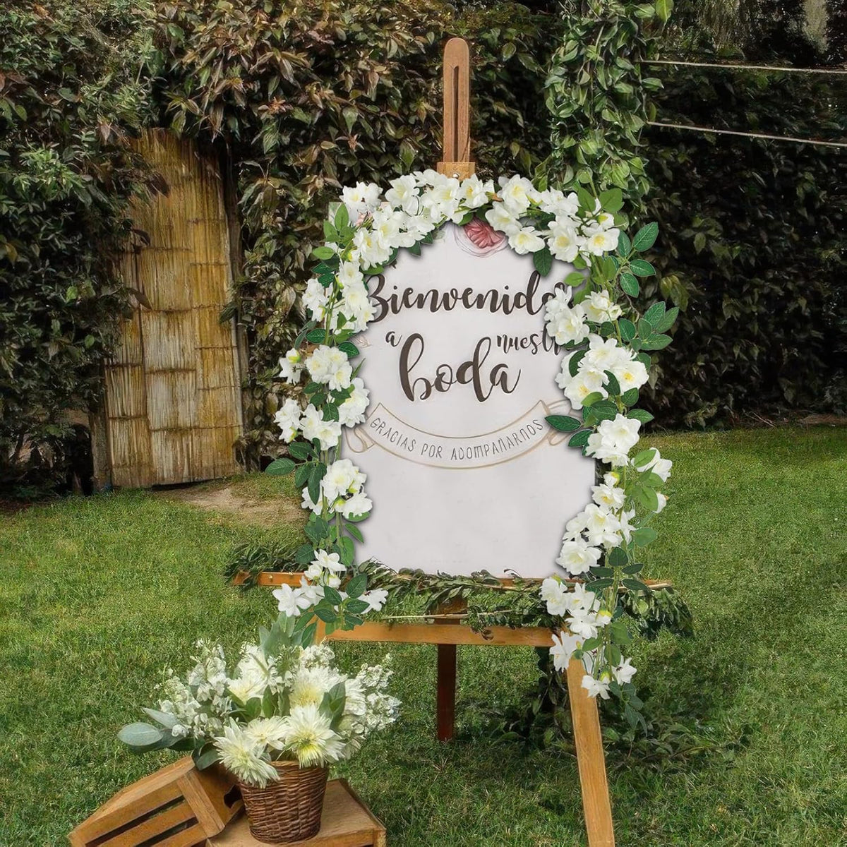 2 Pcs Artificial Flowers Garland for Outdoors White Faux Gardenia Garland 12Ft Silk Rose Hanging Vines Floral for Wedding Arch Party Wall Garden Ceremony Backdrop Fence Spring Decor