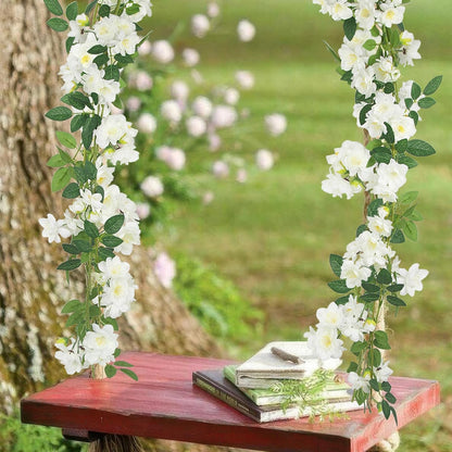 2 Pcs Artificial Flowers Garland for Outdoors White Faux Gardenia Garland 12Ft Silk Rose Hanging Vines Floral for Wedding Arch Party Wall Garden Ceremony Backdrop Fence Spring Decor