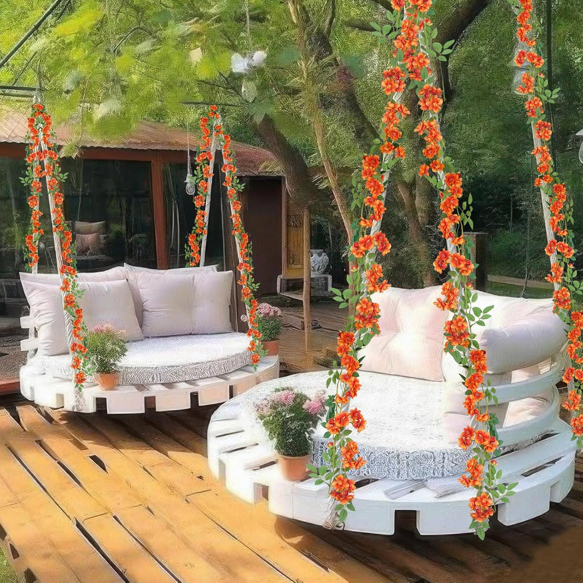 2 Pcs Artificial Flowers Garland for Outdoors White Faux Gardenia Garland 12Ft Silk Rose Hanging Vines Floral for Wedding Arch Party Wall Garden Ceremony Backdrop Fence Spring Decor