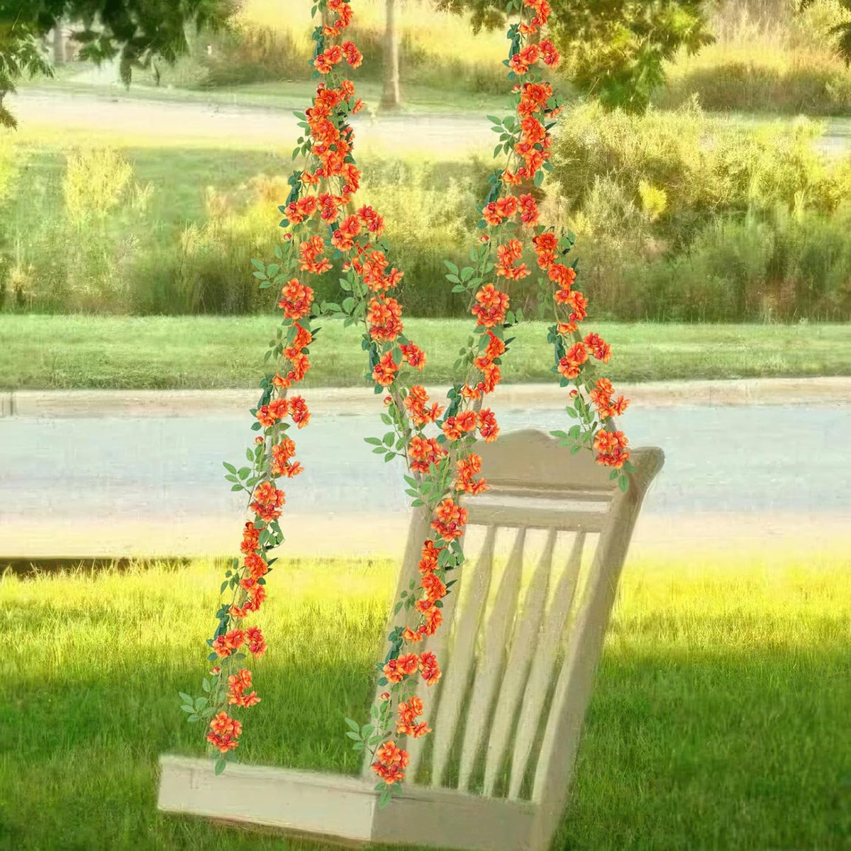 2 Pcs Artificial Flowers Garland for Outdoors White Faux Gardenia Garland 12Ft Silk Rose Hanging Vines Floral for Wedding Arch Party Wall Garden Ceremony Backdrop Fence Spring Decor