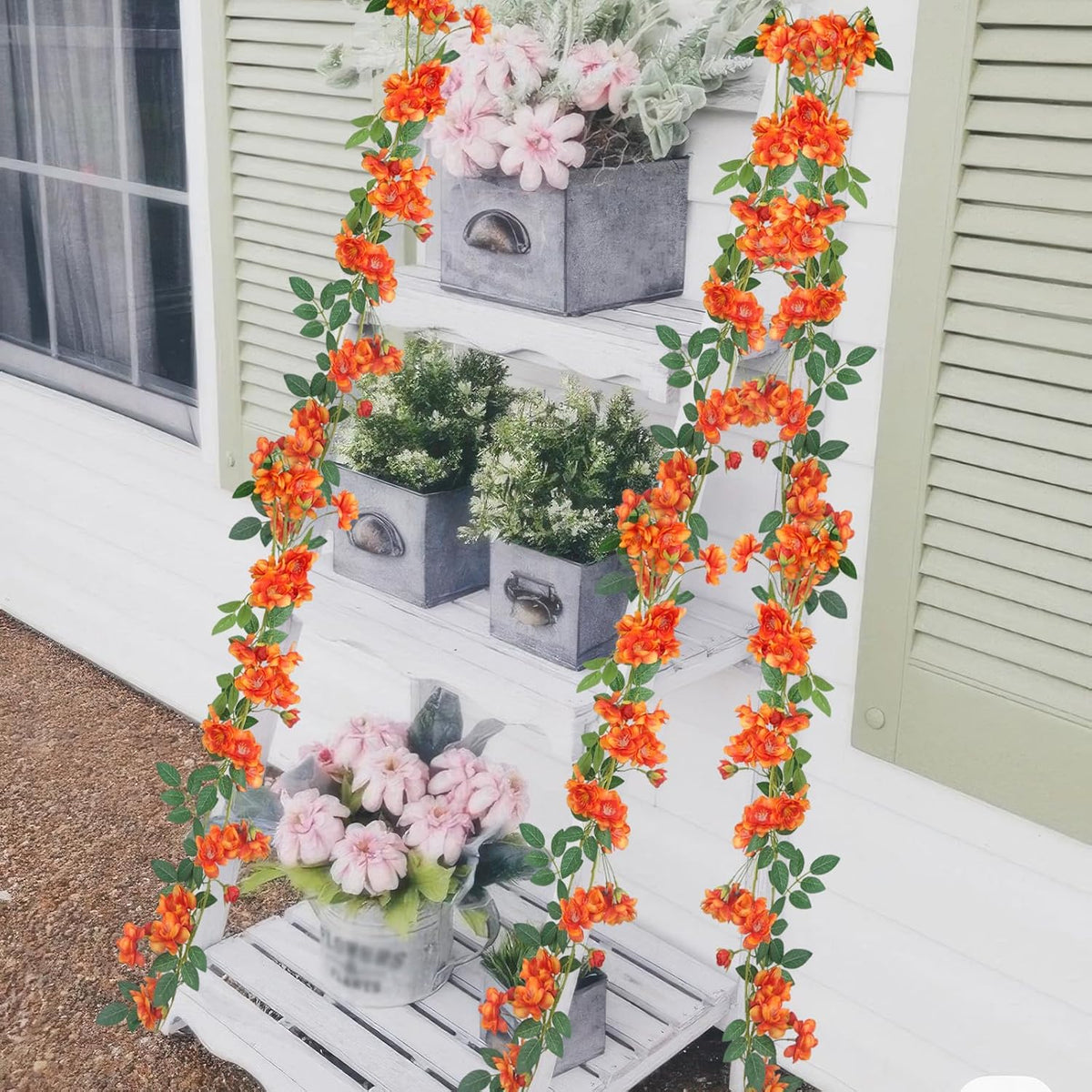 2 Pcs Artificial Flowers Garland for Outdoors White Faux Gardenia Garland 12Ft Silk Rose Hanging Vines Floral for Wedding Arch Party Wall Garden Ceremony Backdrop Fence Spring Decor
