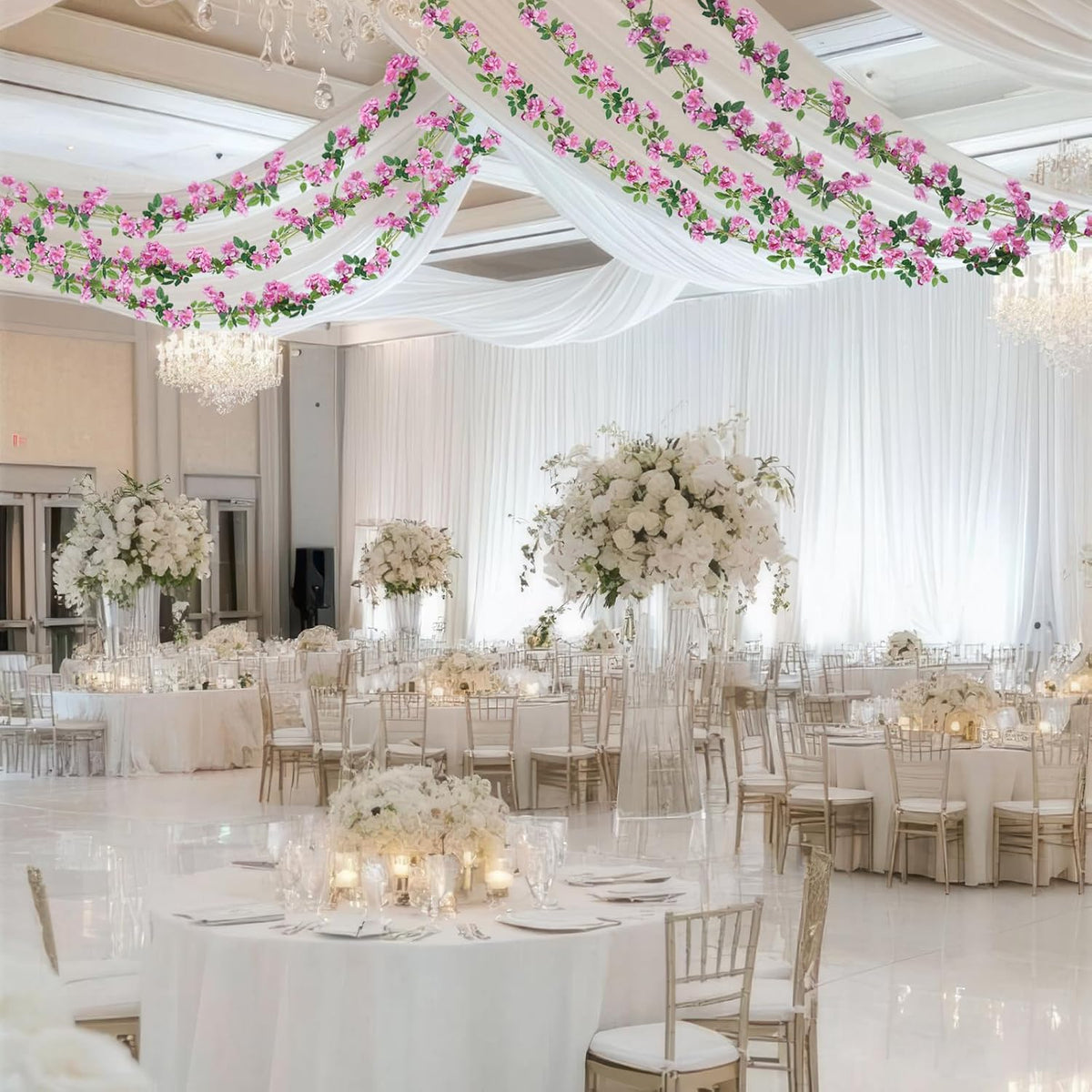 2 Pcs Artificial Flowers Garland for Outdoors White Faux Gardenia Garland 12Ft Silk Rose Hanging Vines Floral for Wedding Arch Party Wall Garden Ceremony Backdrop Fence Spring Decor