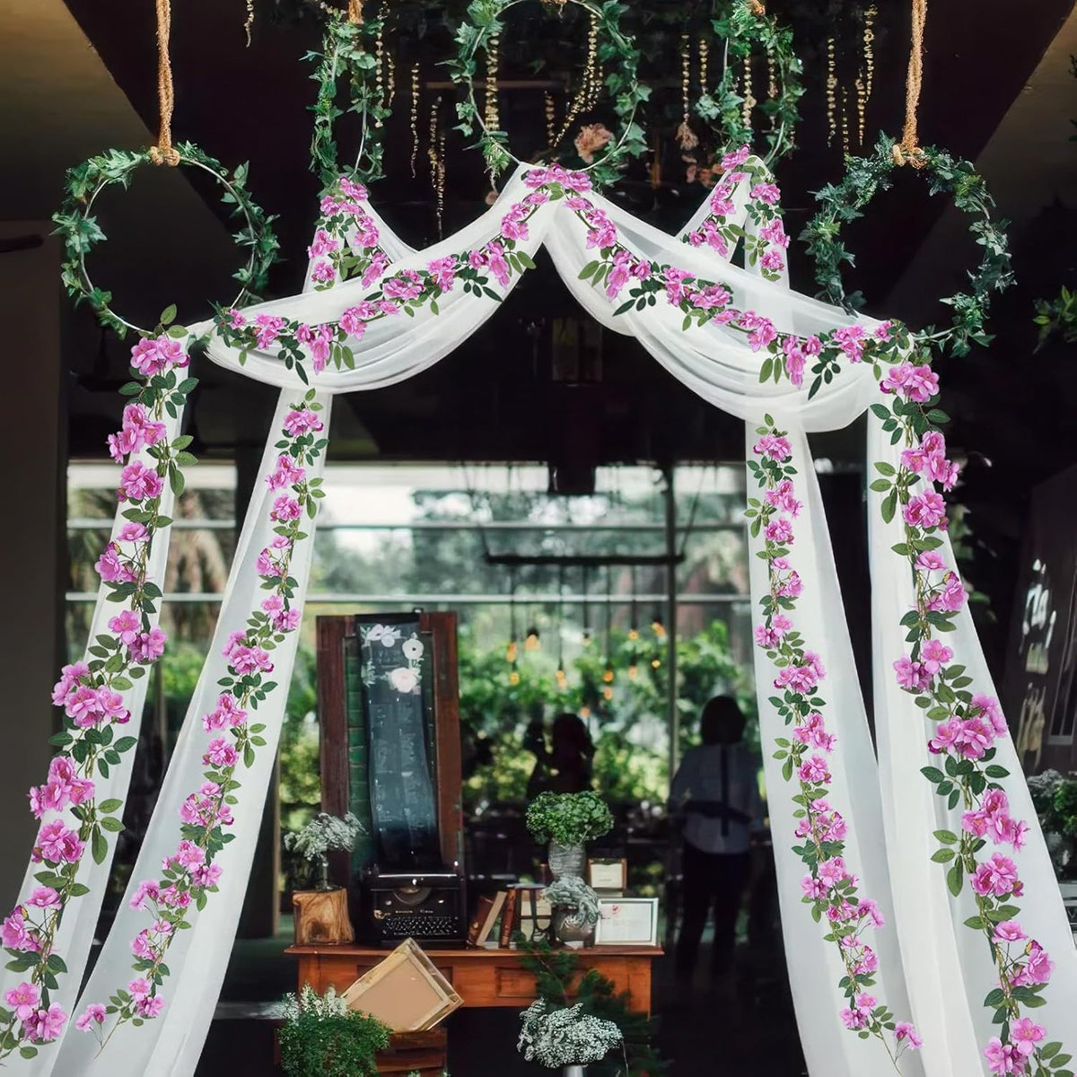 2 Pcs Artificial Flowers Garland for Outdoors White Faux Gardenia Garland 12Ft Silk Rose Hanging Vines Floral for Wedding Arch Party Wall Garden Ceremony Backdrop Fence Spring Decor