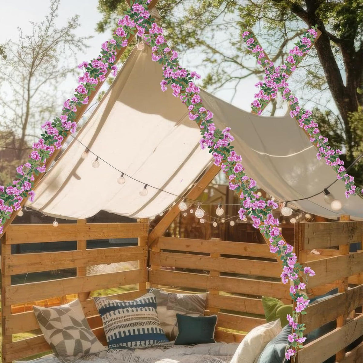 2 Pcs Artificial Flowers Garland for Outdoors White Faux Gardenia Garland 12Ft Silk Rose Hanging Vines Floral for Wedding Arch Party Wall Garden Ceremony Backdrop Fence Spring Decor