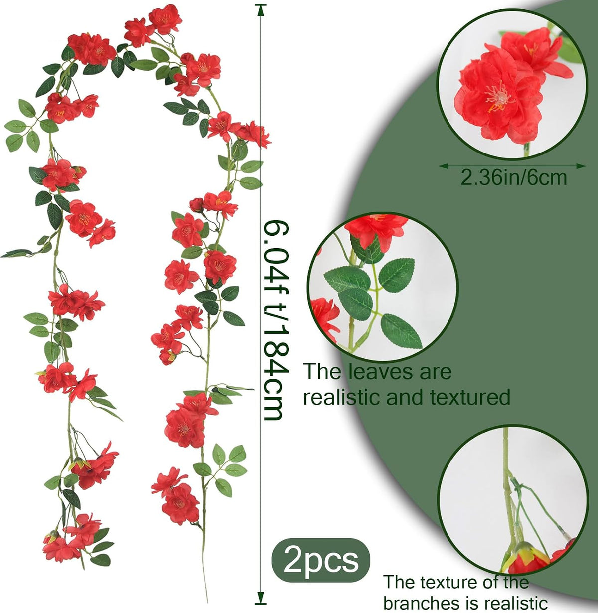 2 Pcs Artificial Flowers Garland for Outdoors White Faux Gardenia Garland 12Ft Silk Rose Hanging Vines Floral for Wedding Arch Party Wall Garden Ceremony Backdrop Fence Spring Decor
