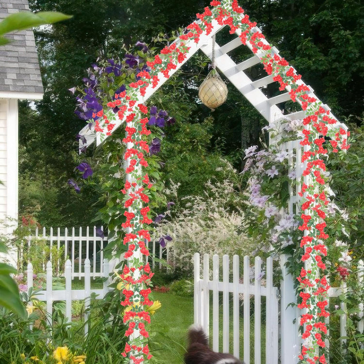 2 Pcs Artificial Flowers Garland for Outdoors White Faux Gardenia Garland 12Ft Silk Rose Hanging Vines Floral for Wedding Arch Party Wall Garden Ceremony Backdrop Fence Spring Decor