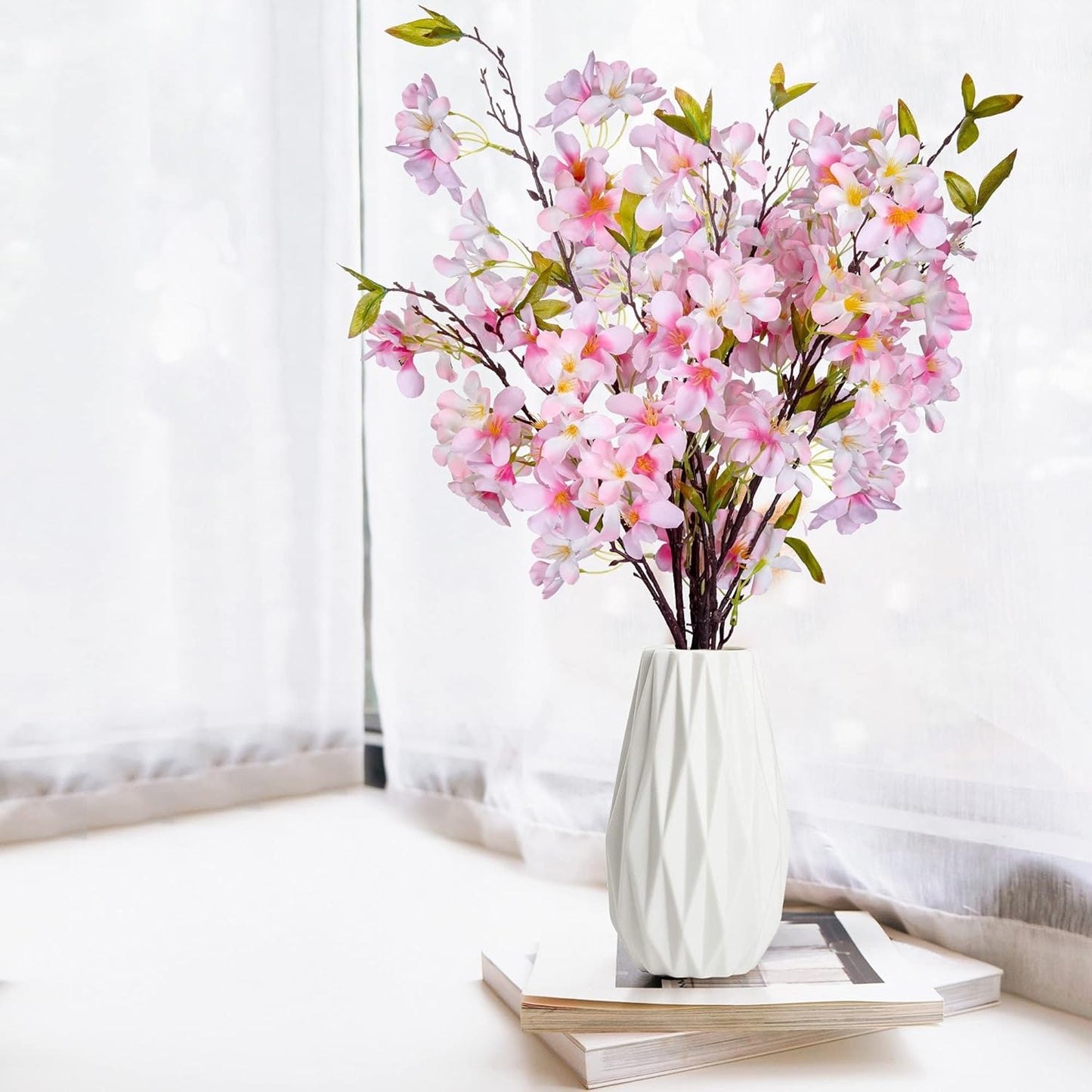 Artificial Apple Blossom Silk Flowers Tree Branches 33” Long Stems Faux Bouquet for Tall Vase Indoor Home Decor DIY Wedding Centerpiece Decoration, Bulk 3pcs (Pink)