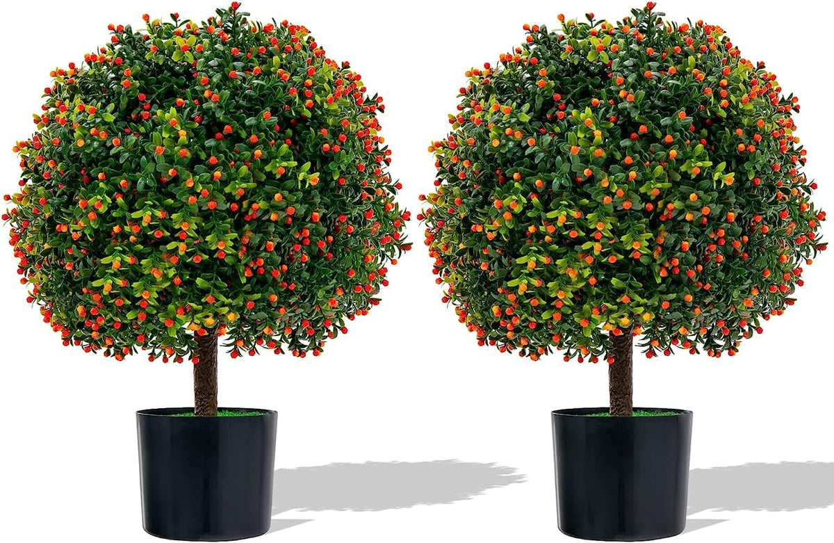 2 Pack 22" Artificial Boxwood Topiary Ball Tree with Orange Fruits
