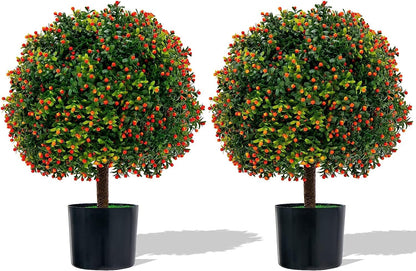 2 Pack 22" Artificial Boxwood Topiary Ball Tree with Orange Fruits