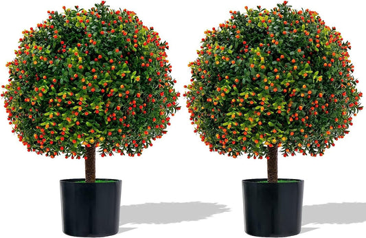 2 Pack 22" Artificial Boxwood Topiary Ball Tree with Orange Fruits