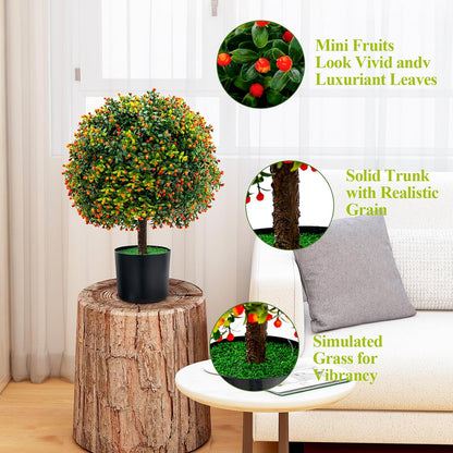 2 Pack 22" Artificial Boxwood Topiary Ball Tree with Orange Fruits