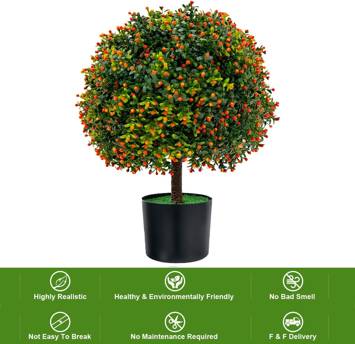 2 Pack 22" Artificial Boxwood Topiary Ball Tree with Orange Fruits