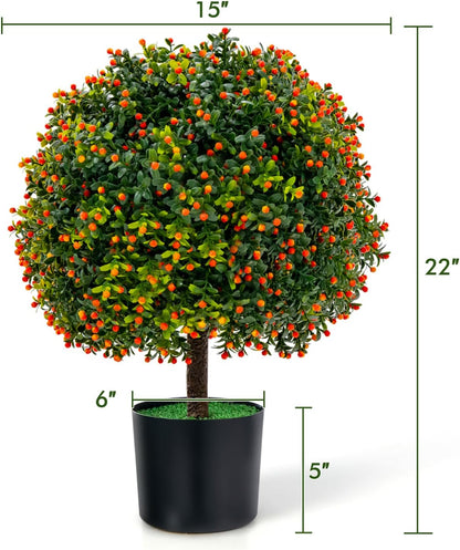 2 Pack 22" Artificial Boxwood Topiary Ball Tree with Orange Fruits