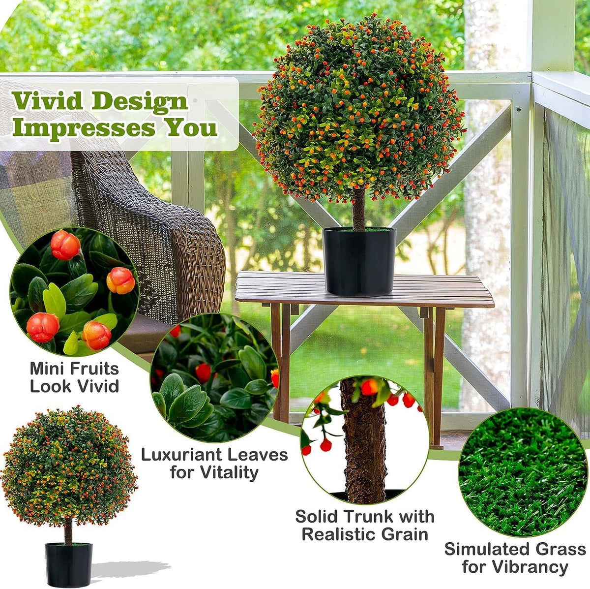 2 Pack 22" Artificial Boxwood Topiary Ball Tree with Orange Fruits