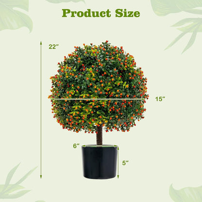 2 Pack 22" Artificial Boxwood Topiary Ball Tree with Orange Fruits