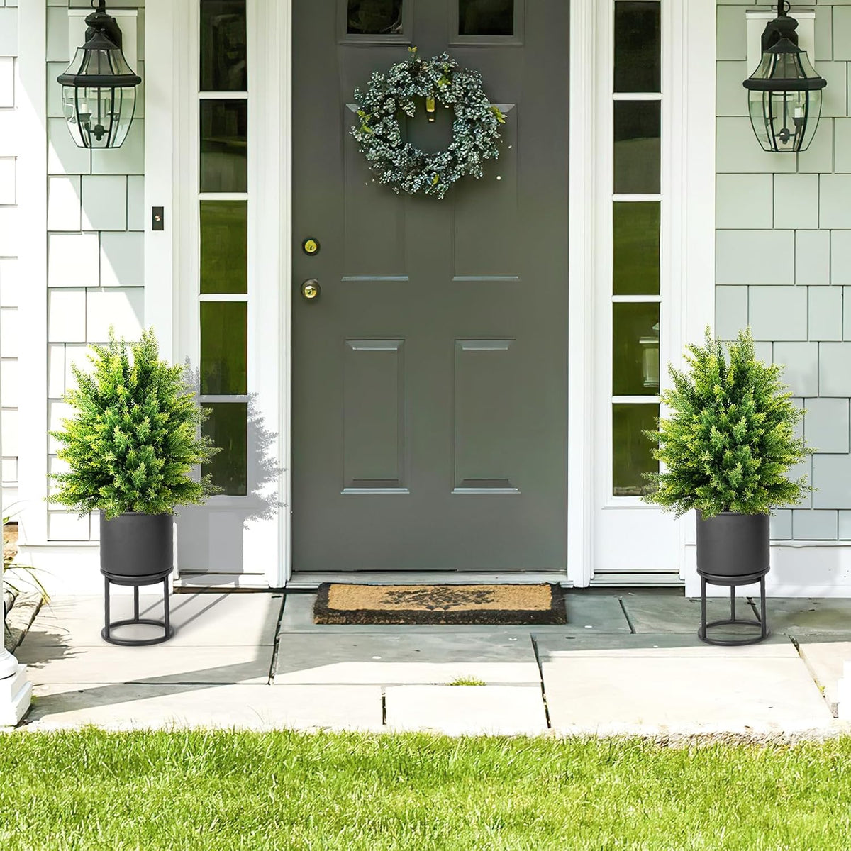 2 Pack 22" Artificial Boxwood Topiary Ball Tree with Orange Fruits