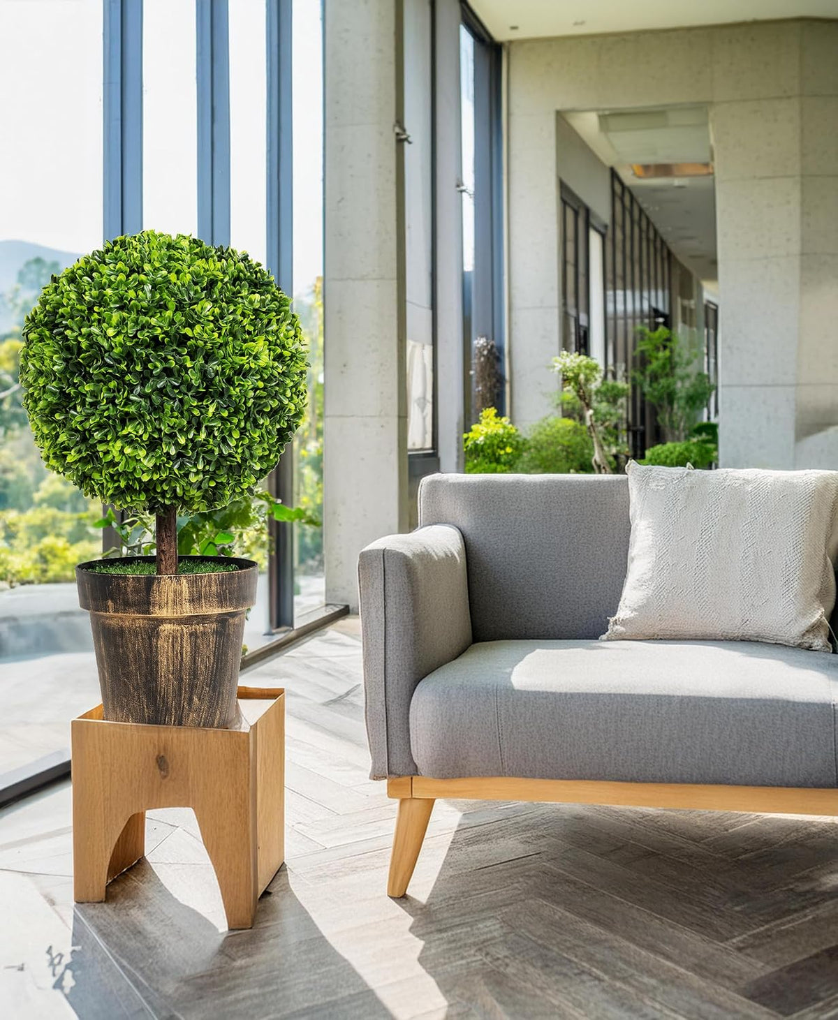 2 Pack 22" Artificial Boxwood Topiary Ball Tree with Orange Fruits