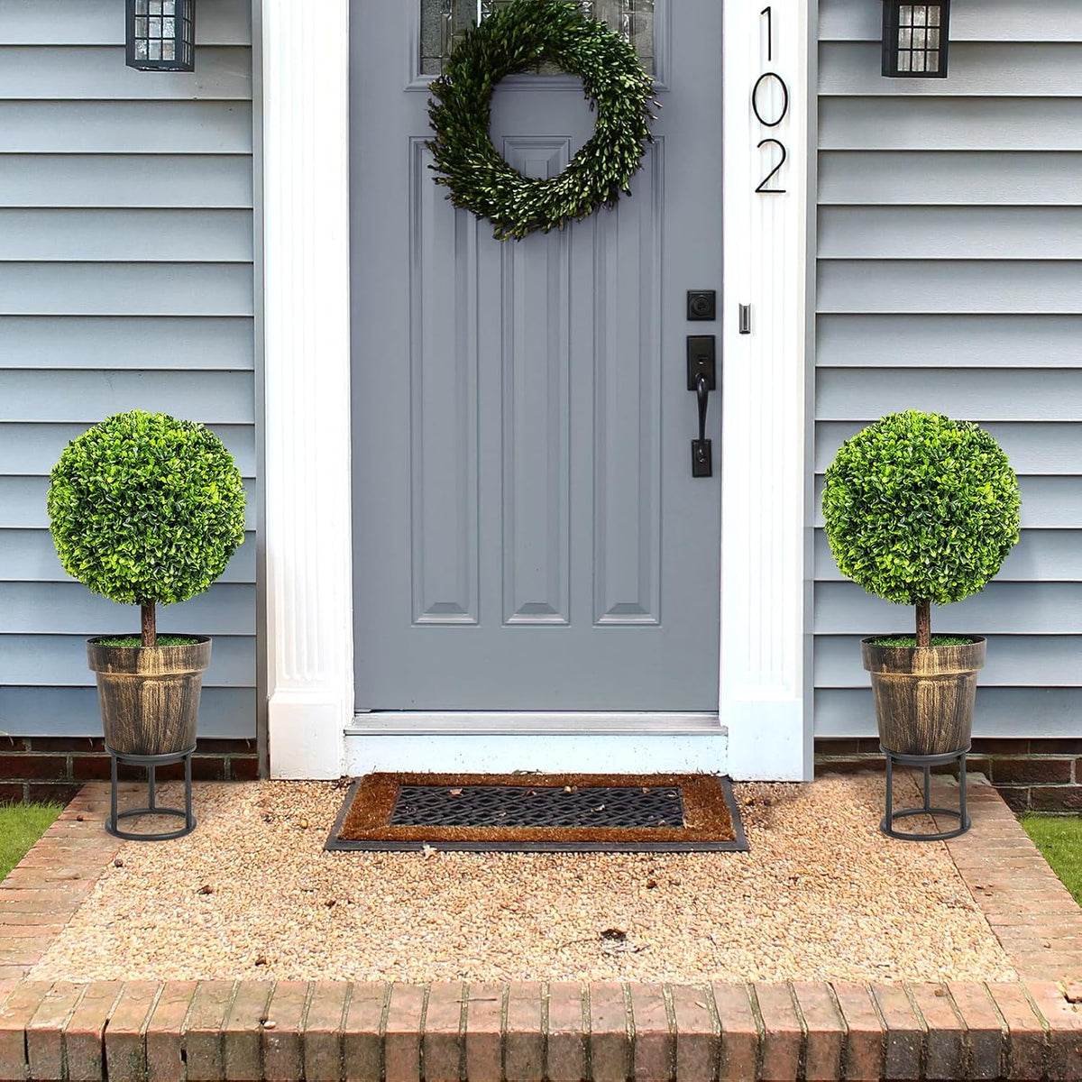 2 Pack 22" Artificial Boxwood Topiary Ball Tree with Orange Fruits