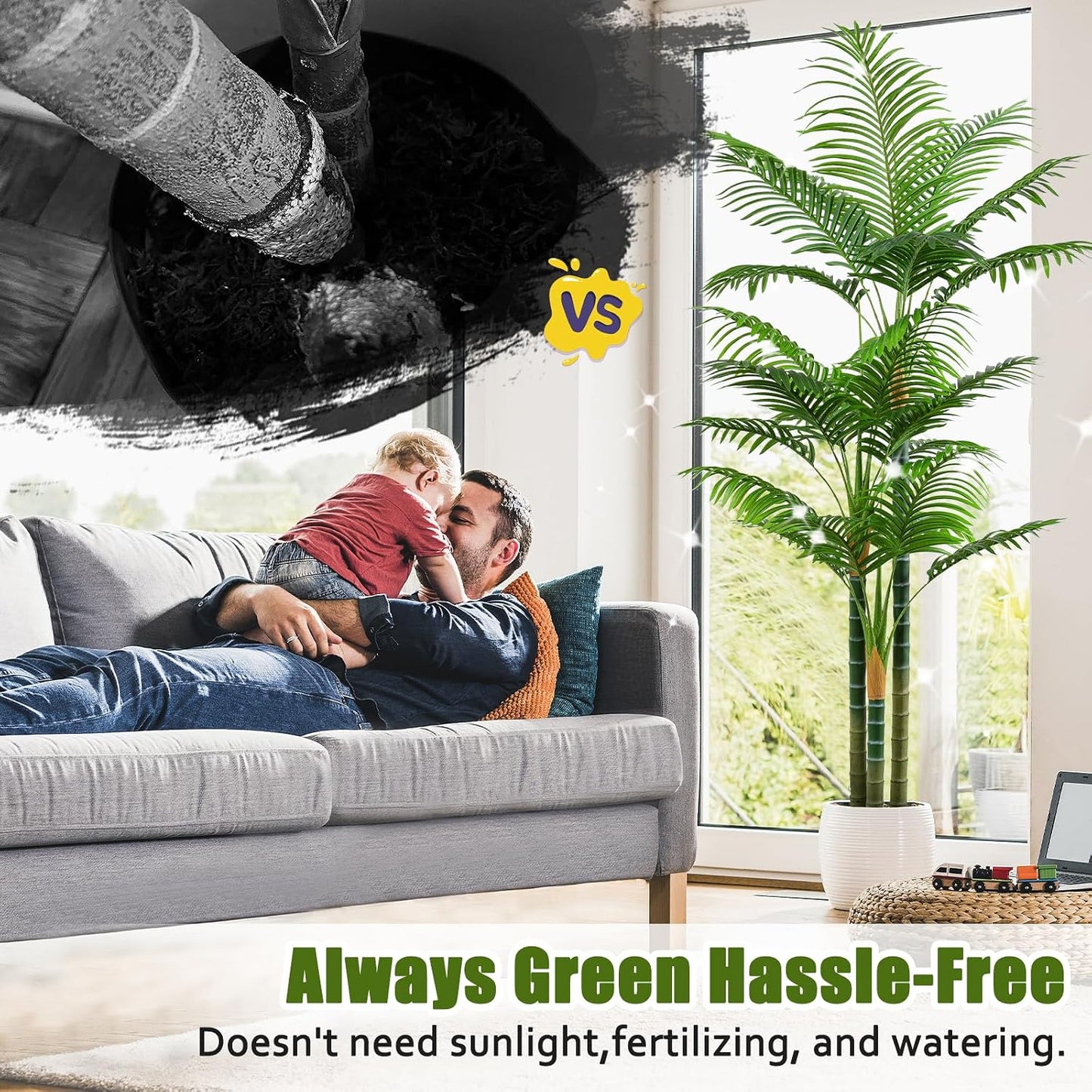 6ft Tall Golden Cane Artificial Tree Palm Outdoor, Large Artificial Plants Outdoor Faux Palm Tree with 3 Textured Trunks, Fake Tree for Indoor Outdoor Office Living Room Outside Patio