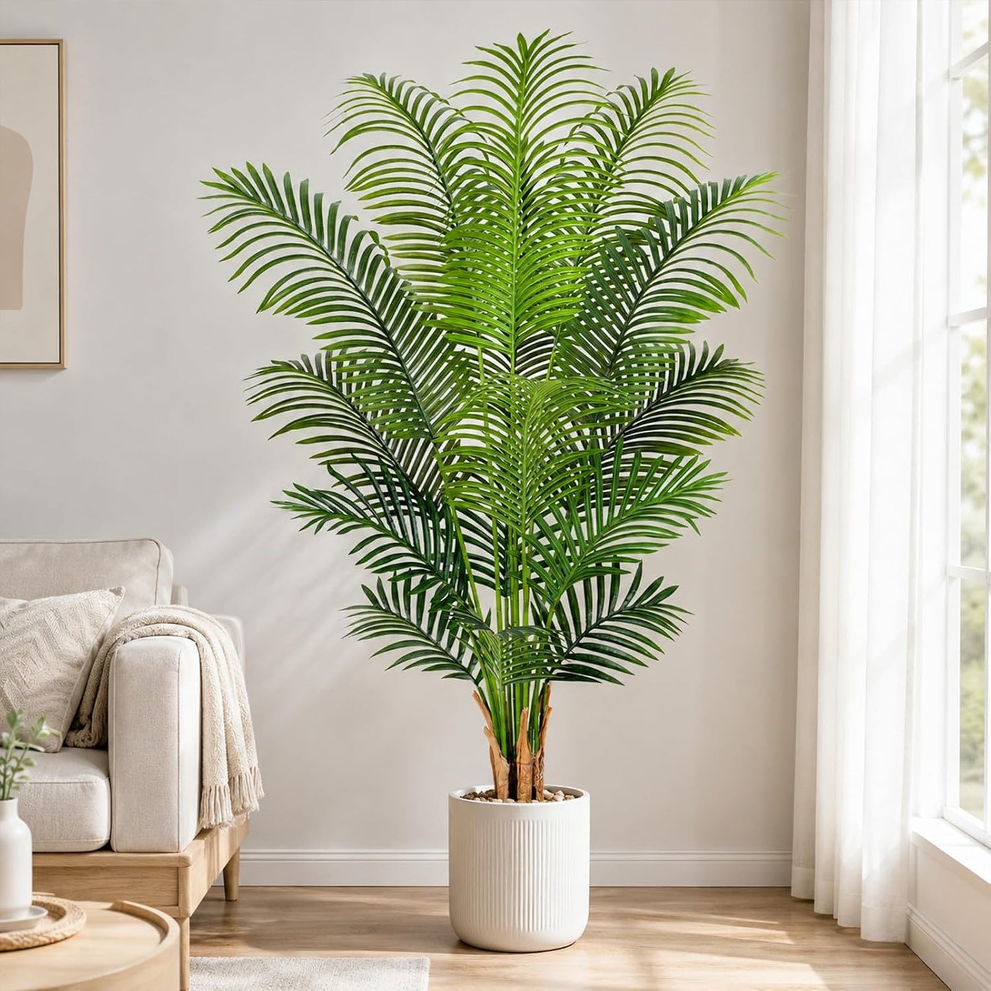 Artificial Palm Tree 6ft Tall Fake Palm Tree Indoor Decor with 18 Leaves and Real Bark Design Faux Tropical Areca Palm Silk Floor Plant in Pot for Home Office Living Room Bedroom Decor 1pcs