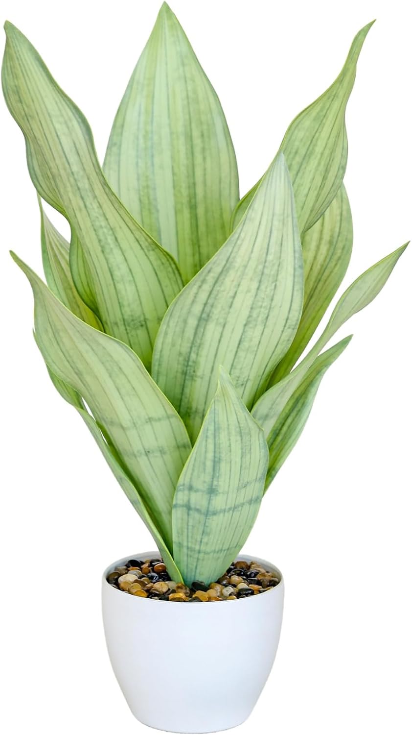 18.5" Artificial Snake Plant Potted,Fake Sansevieria Floor Plant Real Looking with White Planter for Centerpiece Home Decor (Yellow&Green)