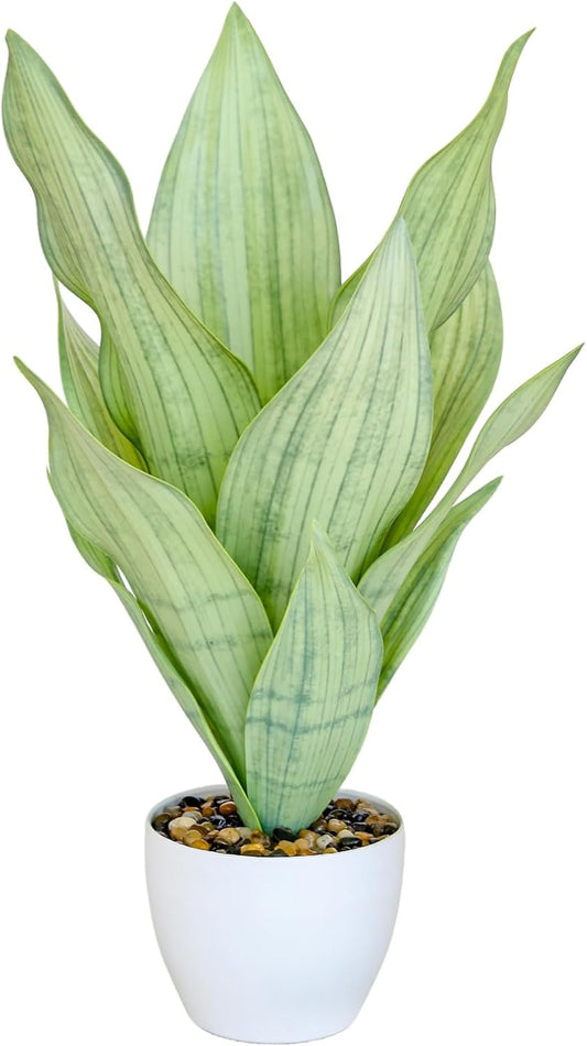 18.5" Artificial Snake Plant Potted,Fake Sansevieria Floor Plant Real Looking with White Planter for Centerpiece Home Decor (Yellow&Green)