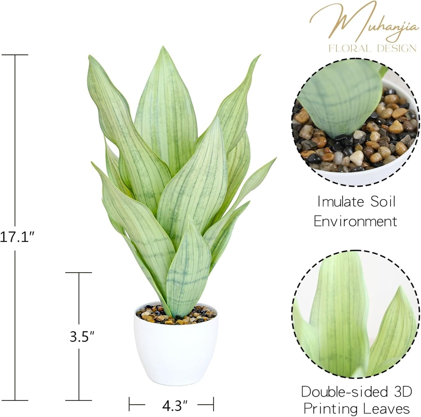 18.5" Artificial Snake Plant Potted,Fake Sansevieria Floor Plant Real Looking with White Planter for Centerpiece Home Decor (Yellow&Green)
