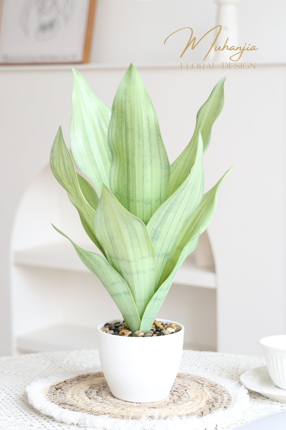 18.5" Artificial Snake Plant Potted,Fake Sansevieria Floor Plant Real Looking with White Planter for Centerpiece Home Decor (Yellow&Green)