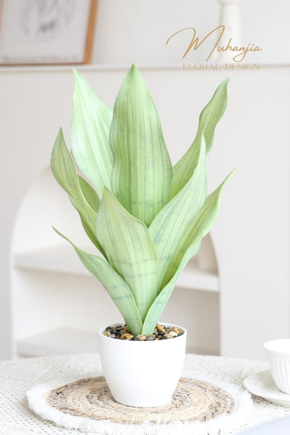 18.5" Artificial Snake Plant Potted,Fake Sansevieria Floor Plant Real Looking with White Planter for Centerpiece Home Decor (Yellow&Green)