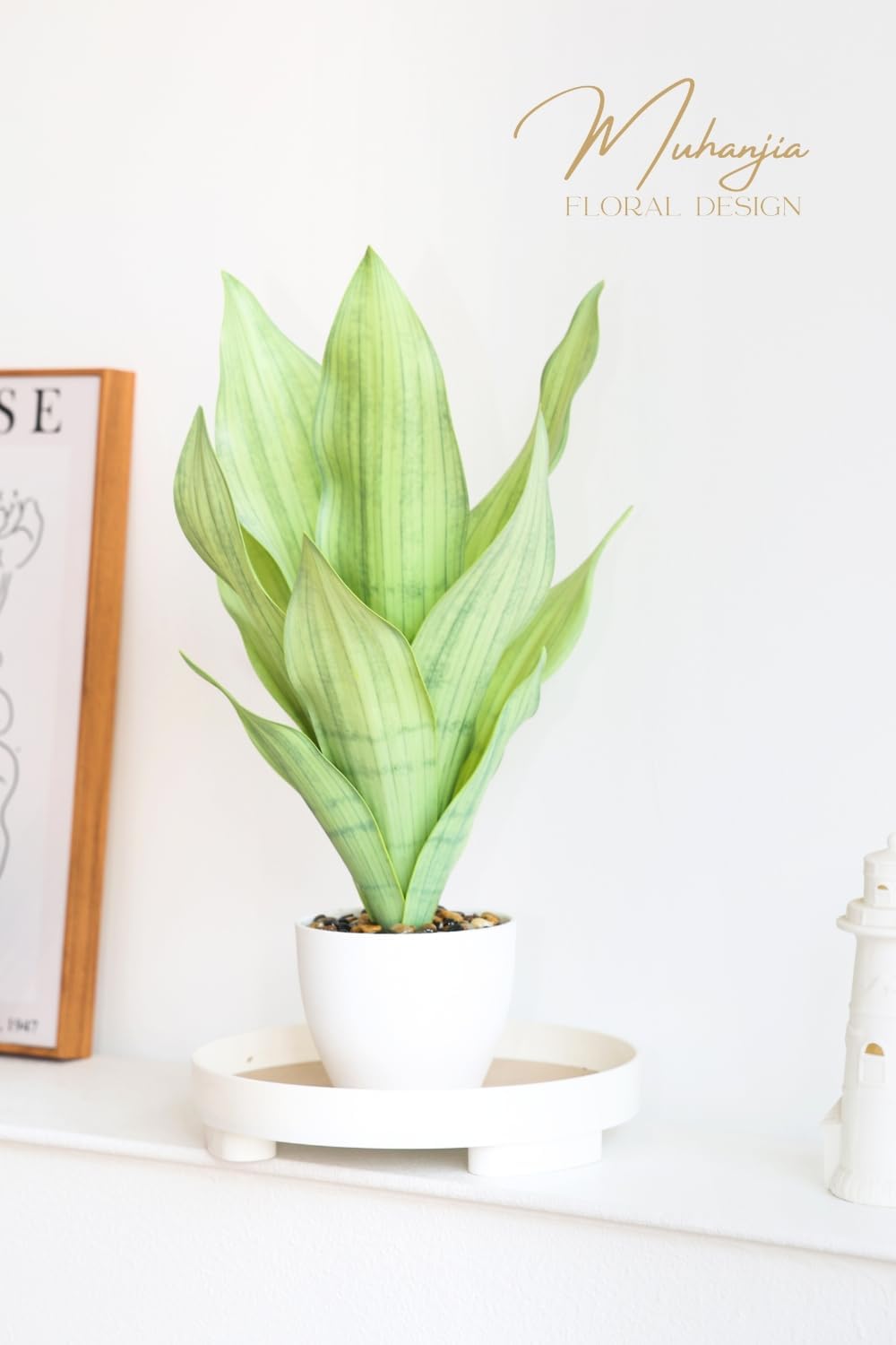 18.5" Artificial Snake Plant Potted,Fake Sansevieria Floor Plant Real Looking with White Planter for Centerpiece Home Decor (Yellow&Green)