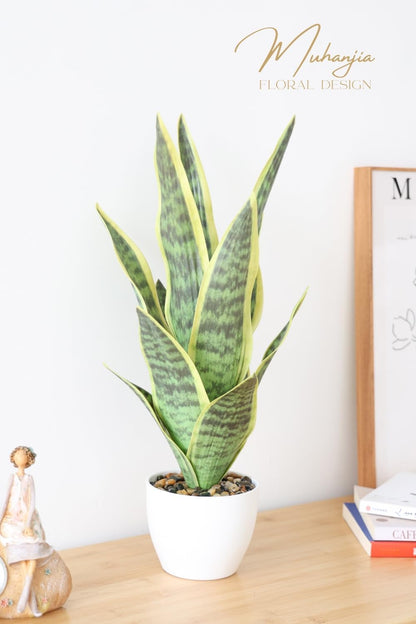 18.5" Artificial Snake Plant Potted,Fake Sansevieria Floor Plant Real Looking with White Planter for Centerpiece Home Decor (Yellow&Green)