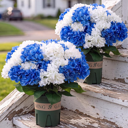 2 Pack Blue White Artificial Hydrangea Flowers Potted for Outdoor | 8 Bundles Faux Hydrangea Plant with 40heads in Pots UV Resistant Realistic Faux Plant Pots for Garden Yard Patio Path Home