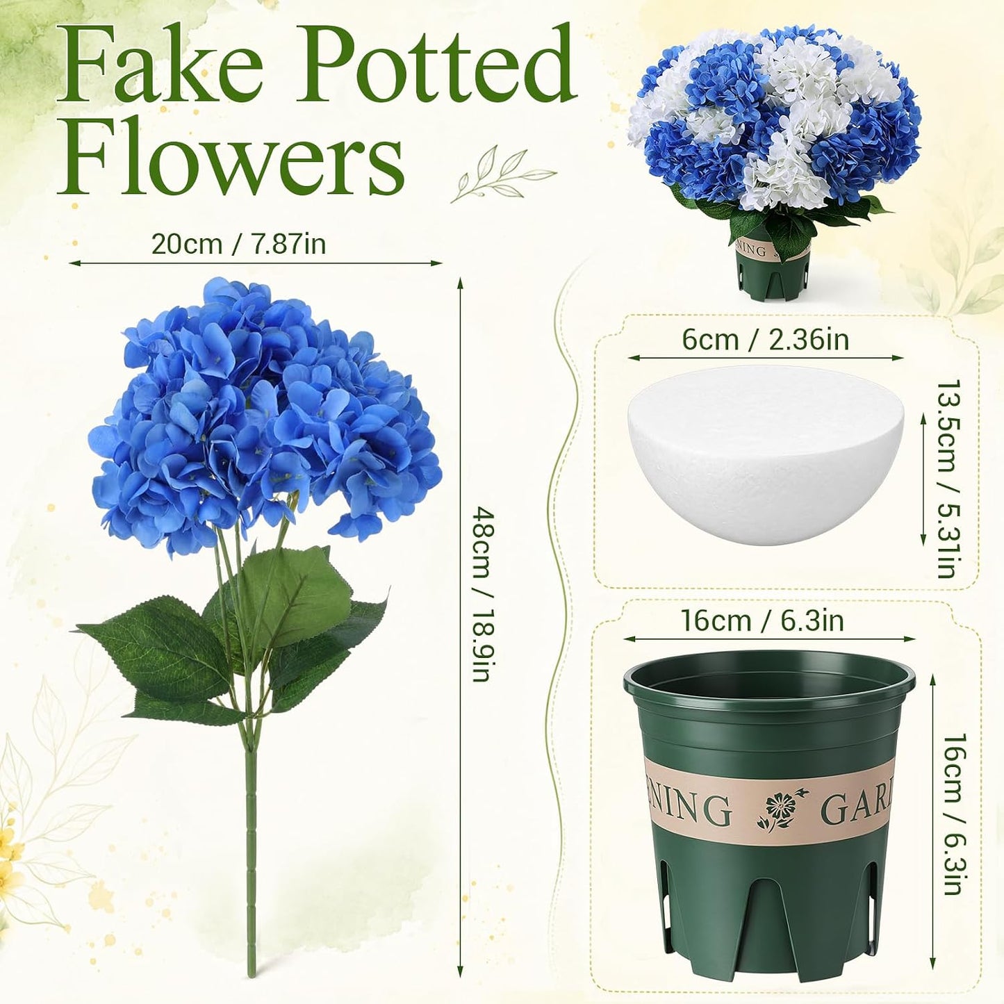 2 Pack Blue White Artificial Hydrangea Flowers Potted for Outdoor | 8 Bundles Faux Hydrangea Plant with 40heads in Pots UV Resistant Realistic Faux Plant Pots for Garden Yard Patio Path Home