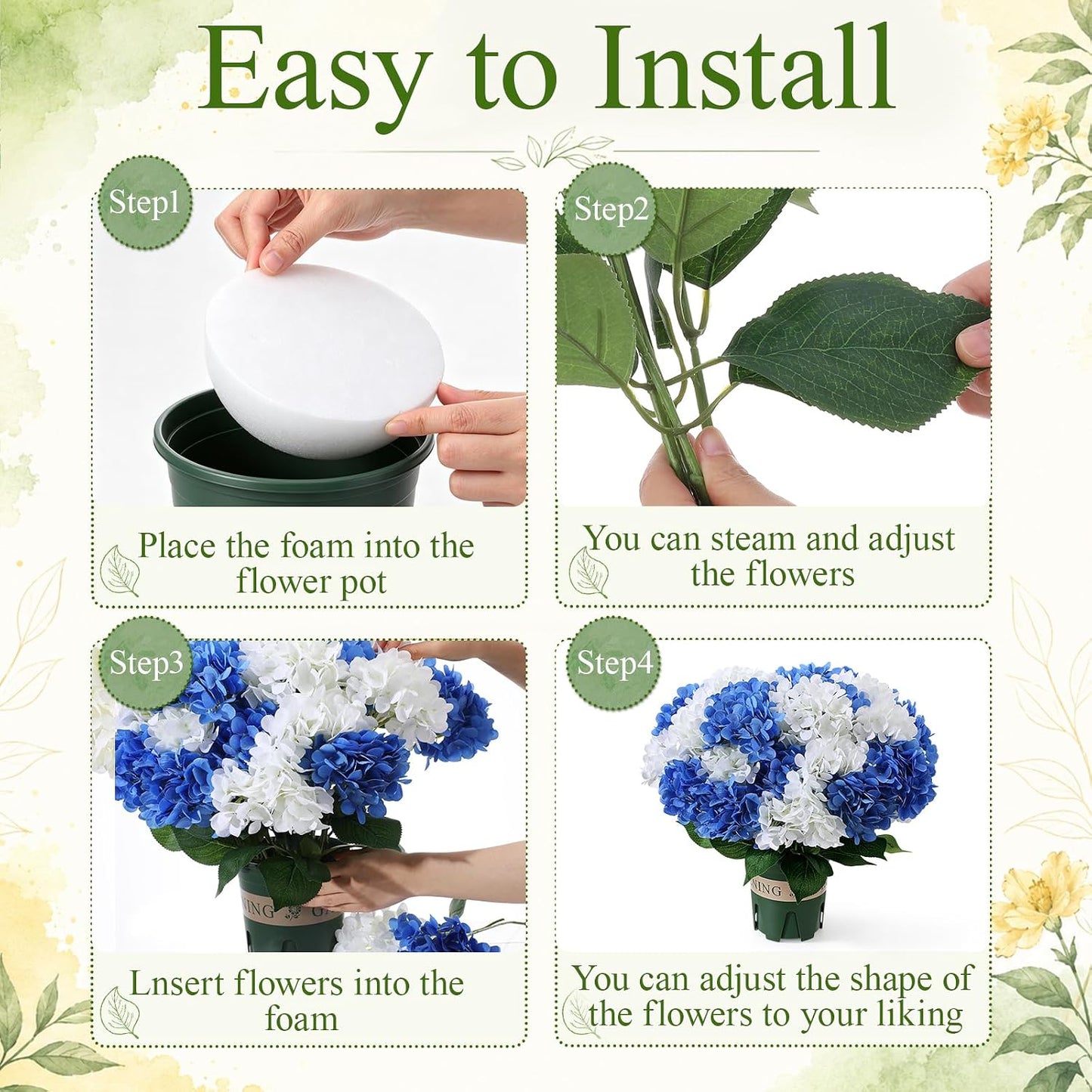 2 Pack Blue White Artificial Hydrangea Flowers Potted for Outdoor | 8 Bundles Faux Hydrangea Plant with 40heads in Pots UV Resistant Realistic Faux Plant Pots for Garden Yard Patio Path Home
