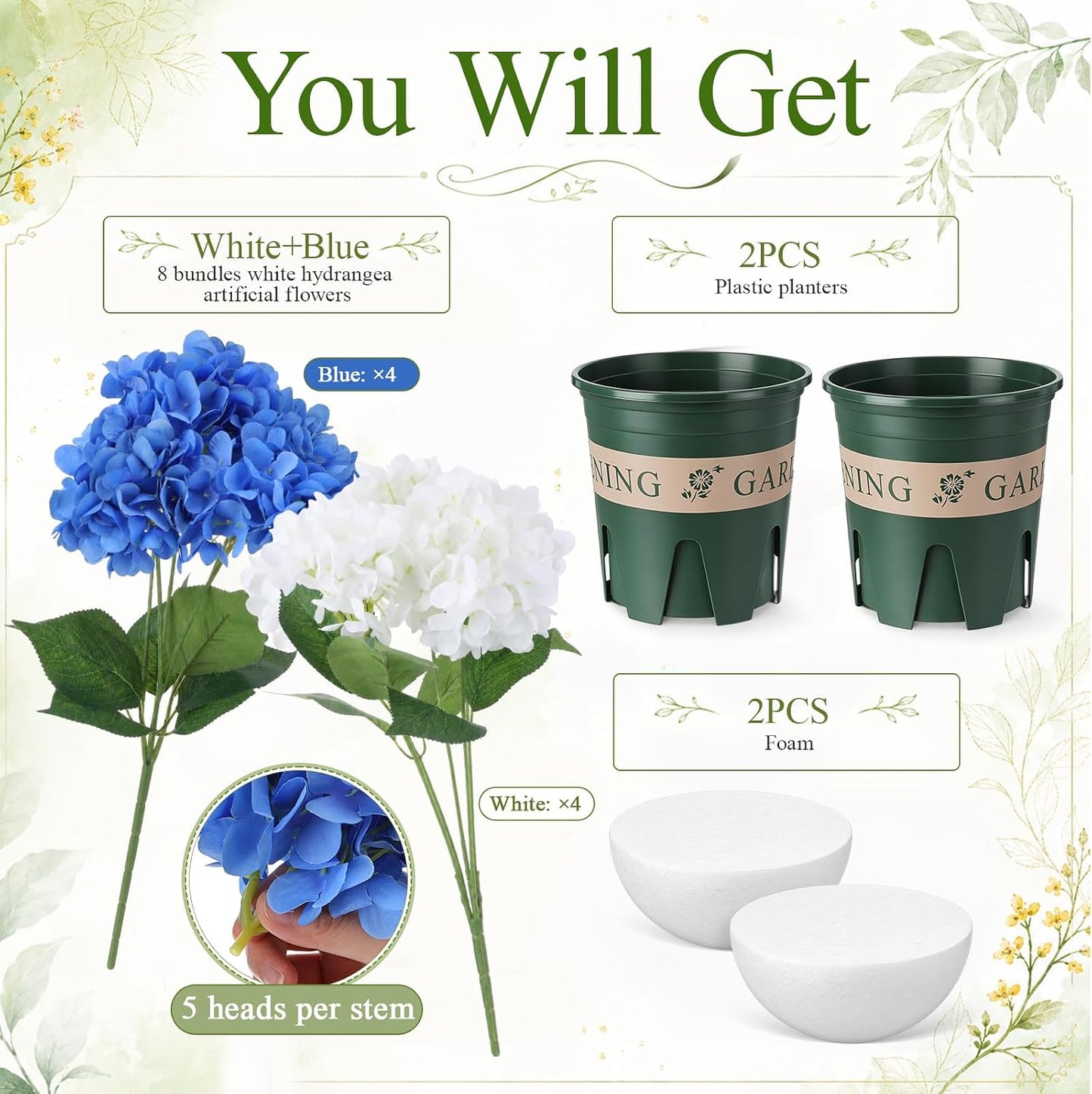 2 Pack Blue White Artificial Hydrangea Flowers Potted for Outdoor | 8 Bundles Faux Hydrangea Plant with 40heads in Pots UV Resistant Realistic Faux Plant Pots for Garden Yard Patio Path Home