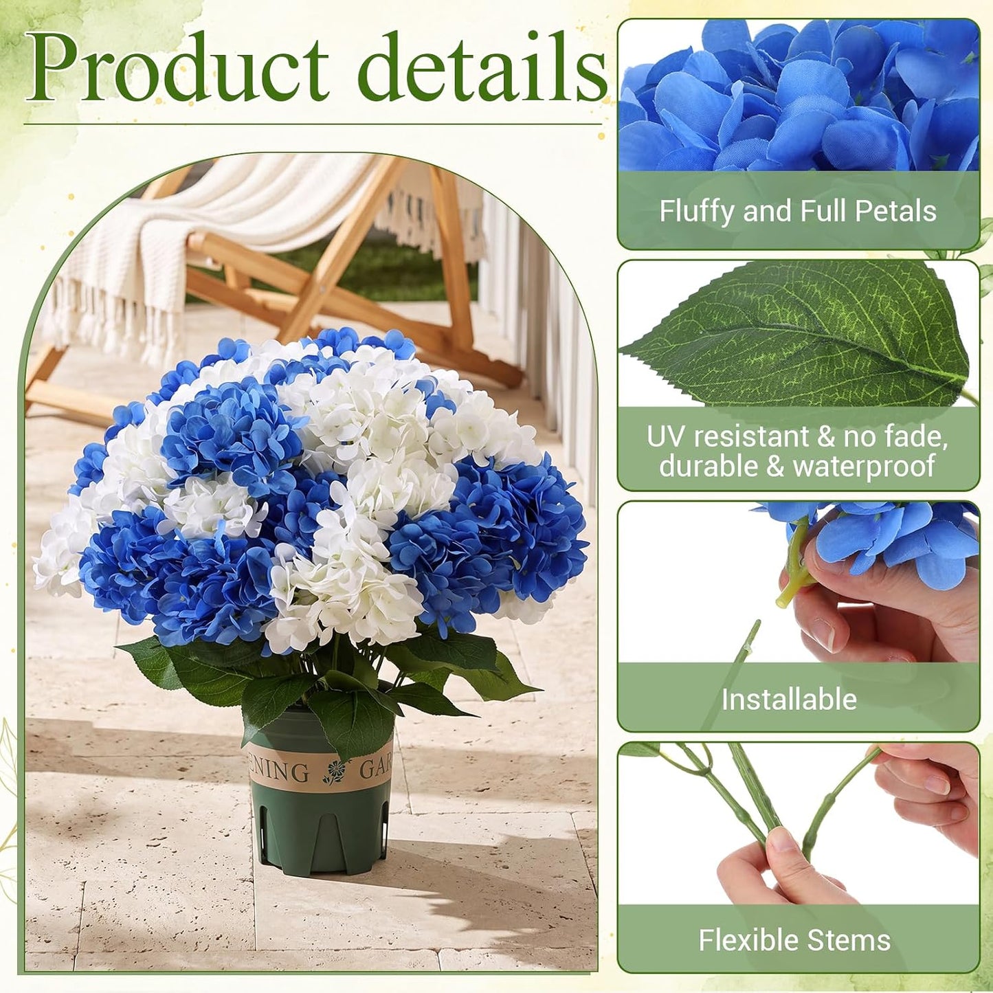 2 Pack Blue White Artificial Hydrangea Flowers Potted for Outdoor | 8 Bundles Faux Hydrangea Plant with 40heads in Pots UV Resistant Realistic Faux Plant Pots for Garden Yard Patio Path Home