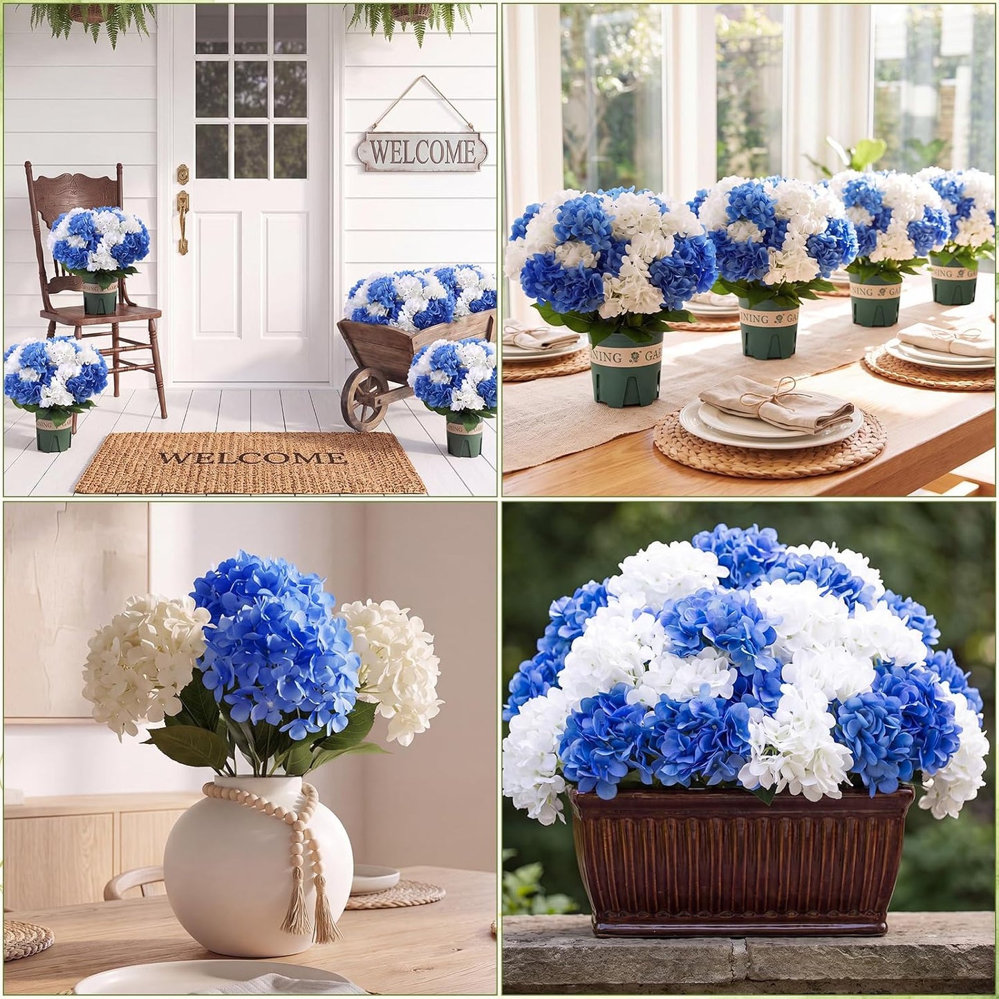 2 Pack Blue White Artificial Hydrangea Flowers Potted for Outdoor | 8 Bundles Faux Hydrangea Plant with 40heads in Pots UV Resistant Realistic Faux Plant Pots for Garden Yard Patio Path Home