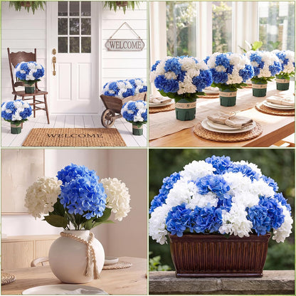 2 Pack Blue White Artificial Hydrangea Flowers Potted for Outdoor | 8 Bundles Faux Hydrangea Plant with 40heads in Pots UV Resistant Realistic Faux Plant Pots for Garden Yard Patio Path Home