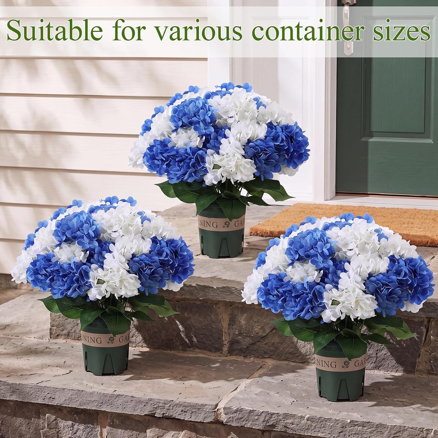 2 Pack Blue White Artificial Hydrangea Flowers Potted for Outdoor | 8 Bundles Faux Hydrangea Plant with 40heads in Pots UV Resistant Realistic Faux Plant Pots for Garden Yard Patio Path Home