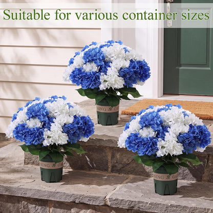 2 Pack Blue White Artificial Hydrangea Flowers Potted for Outdoor | 8 Bundles Faux Hydrangea Plant with 40heads in Pots UV Resistant Realistic Faux Plant Pots for Garden Yard Patio Path Home