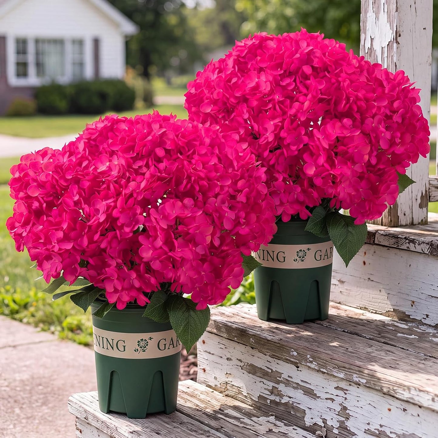 2 Pack Blue White Artificial Hydrangea Flowers Potted for Outdoor | 8 Bundles Faux Hydrangea Plant with 40heads in Pots UV Resistant Realistic Faux Plant Pots for Garden Yard Patio Path Home