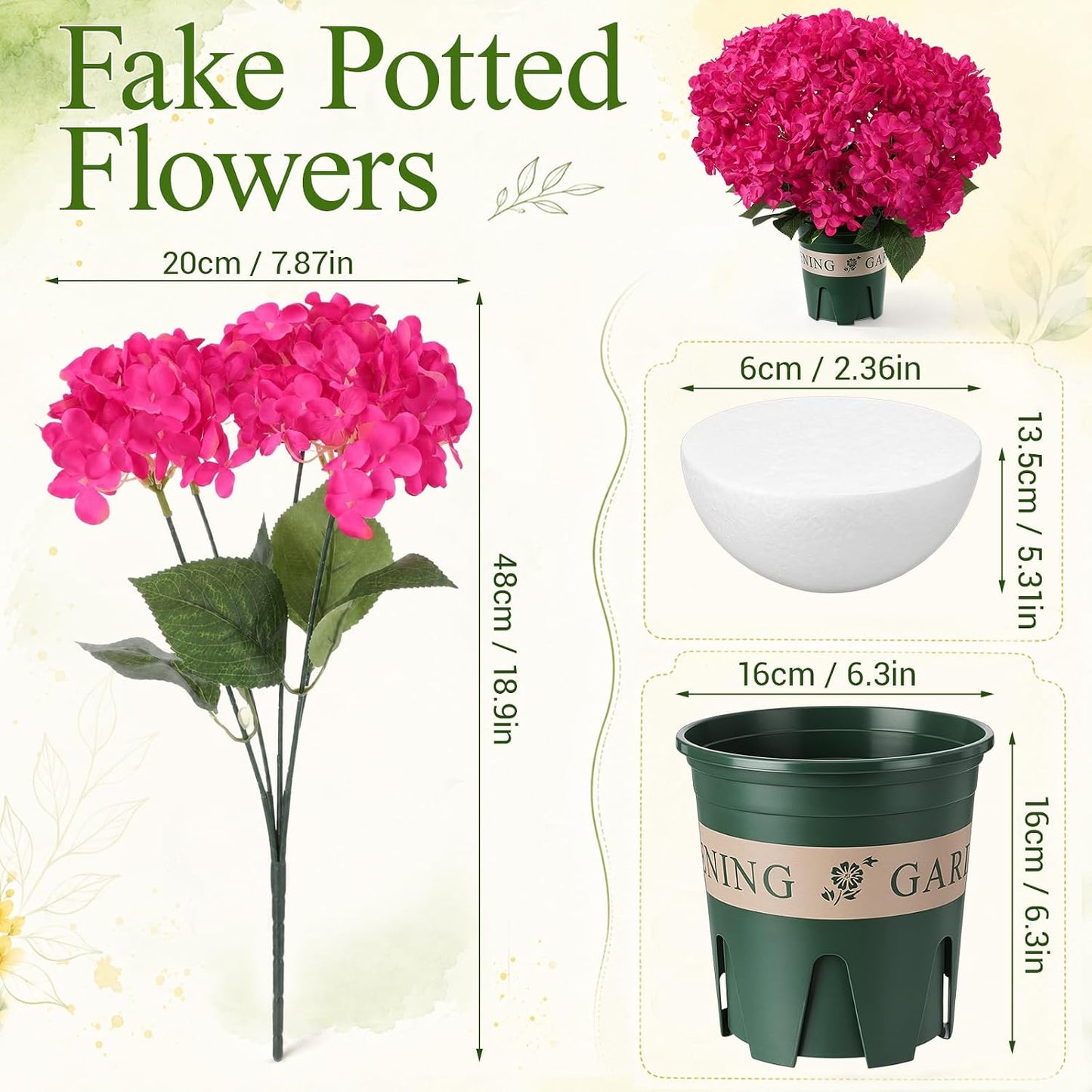 2 Pack Blue White Artificial Hydrangea Flowers Potted for Outdoor | 8 Bundles Faux Hydrangea Plant with 40heads in Pots UV Resistant Realistic Faux Plant Pots for Garden Yard Patio Path Home